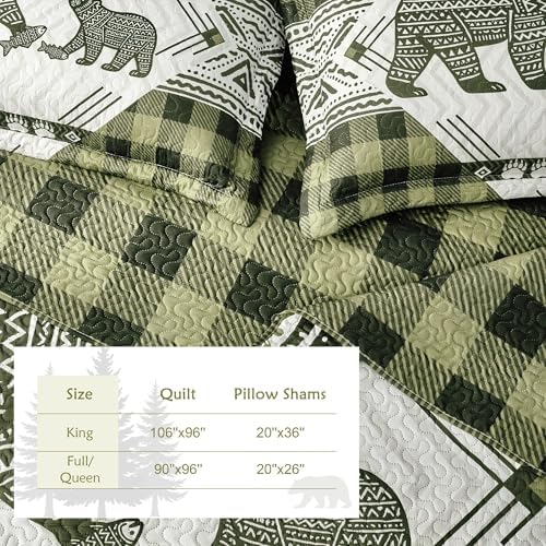 3 Piece Cabin Full/Queen Quilt Sets Farmhouse Rustic Reversible Microfiber Soft Lightweight Bedspread Comforter with 2 Shams Patchwork Country Lodge Bedding Quilts Set for All Season, 90''x96'', Green