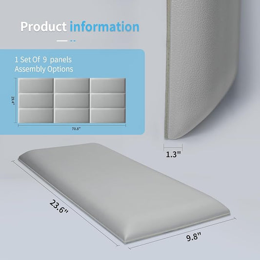 Art3d 9-Pack Peel and Stick Upholstered Headboard, 9.84 x 23.62 in, Grey | Self Adhesive, Upholstered Padded Panels, Fits Multiple Bed Sizes, Sound Absorbing, Ideal for Bedroom