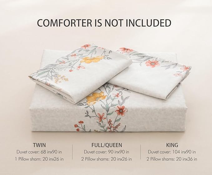 SLEEPBELLA Duvet Cover Set, 600 Thread Count Cotton Red & Yellow Floral Pattern Flower Reversible Comforter Cover (Twin, White Floral)