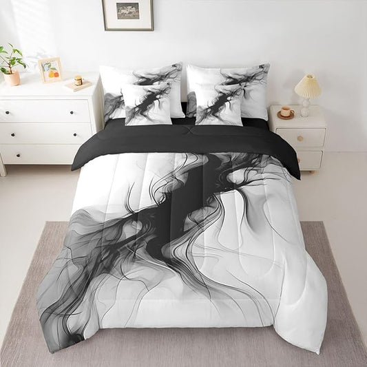 Erosebridal Black and White 7 Piece Comforter Set Queen Abstract Bedroom Decor for Men Teens Modern Ombre Grey Marble Bedding Set Elegant Ink Texture Neutral Sheet Set Marbling Minimalist Art Quilt