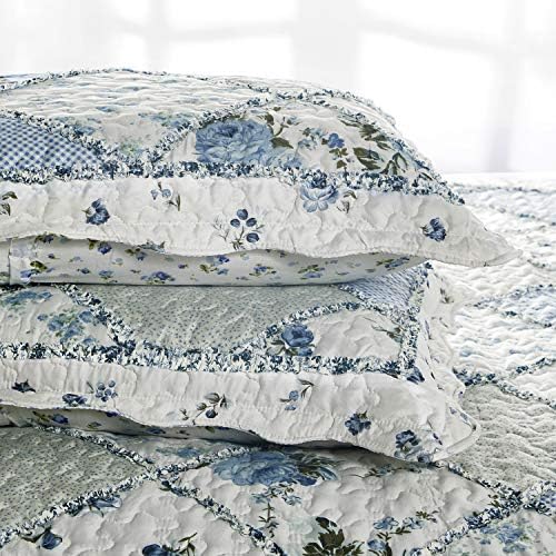 Oversized King Quilt Set Blue Floral Patchwork Alaska King Bedspreads Set