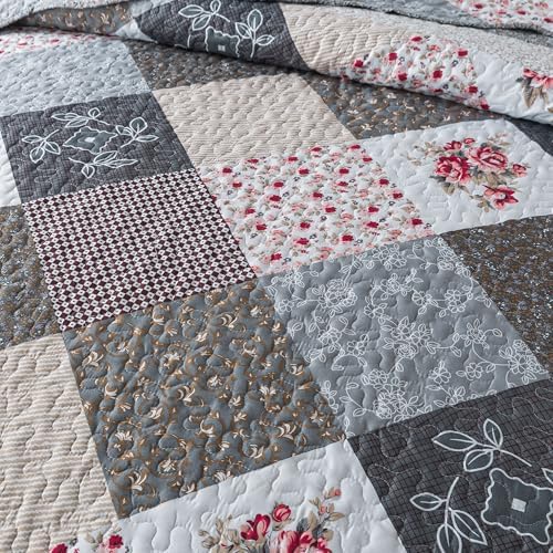 HoneiLife King Quilt Bedding Set - 3 Pieces Microfiber Quilt Sets Lightweight Bedspreads Reversible Coverlets Retro Bed Cover Quilt King Size All Season Quilts-Grey