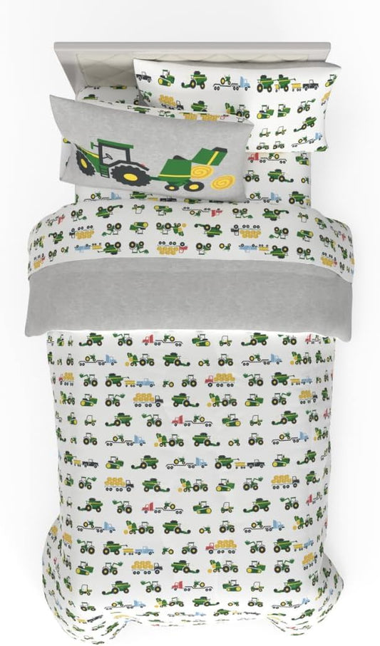 Franco Kids John Deere Farm Equipment Bedding 4 Piece Super Soft Reversible Comforter and Sheet Set, Twin, (Officially Licensed Product)