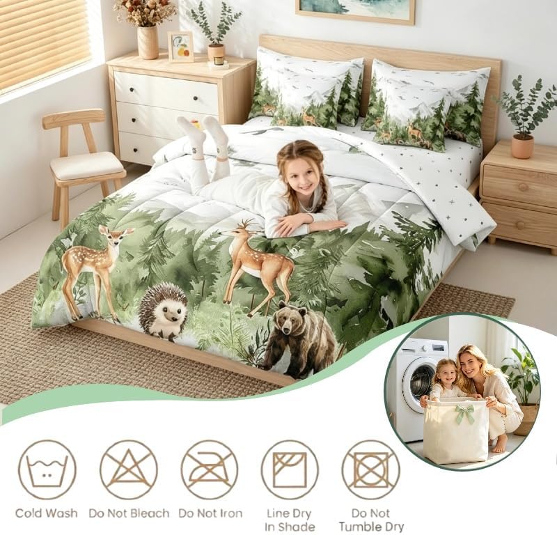 Erosebridal Giant Mountain Forest 7 Piece Bedding Set Full Woodland Animal Comforter Set Jungle Deer Bear Hedgehog Birds Pine Trees Comforter Wildlife Hunting Botanical Sheets for Kids Boys