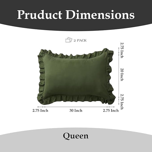 Ruffle Pillow Cases Queen Size Set of 2 โ Soft Wrinkle Resistant Brushed Microfiber Ruffled Pillowcases โEnvelope Pillow Shams Cover Festive Gift for Hotels,Guest Rooms 20x30 Inch (Olive Green)