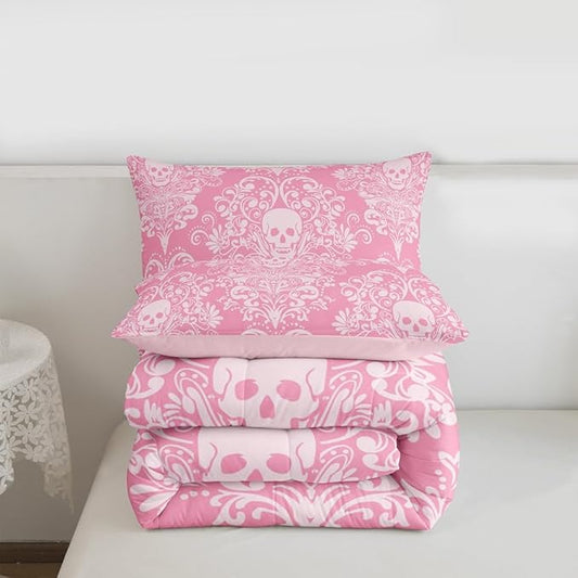 Feelyou Adults Gothic Skull Bedding Set Twin Size Kids Damask Print Comforter Goth Bohemian Duvet Breathable Soft Lightweight Microfiber Pink White Room Decor with 1 Pillowcase