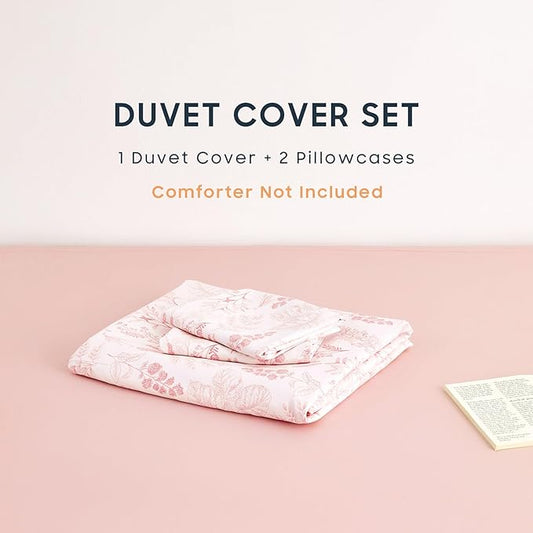 Wake In Cloud - Floral Duvet Cover Set, Botanical Vintage Flower Coquette Cottagecore Aesthetic for Women Teen Girls, Soft Lightweight Bedding, 3-Piece, Blush Pink, Queen Size