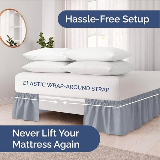 Wrap Around Dust Ruffle Bed Skirt - Steel Blue - for Queen Size Beds w/ 12 Inch Drop - Easy Fit Elastic Strap - Adjustable Pleated Bedskirt w/Brushed Fabric - Wrinkle Free, Women, Men, Kids & Teens