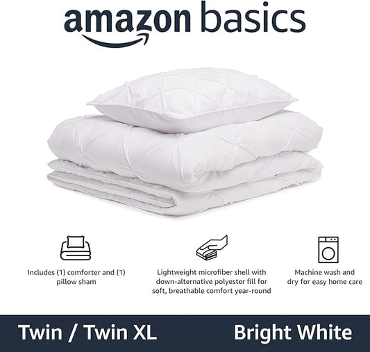 Amazon Basics Soft, Lightweight Twin Size Comforter Set, All-Season Down-Alternative 2-Piece Bedding Set, Pinch Pleat Design with Piped Edges, Twin/TwinXL, Bright White