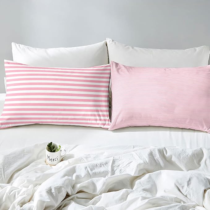 Pink Striped Comforter Set for Kids Girls Red White Stripe Bedding Set Twin Farmhouse Ticking Stripes Women Reversible Down Comforter Decor Horizontal Stripes Geometric Lines Lightweight Duvet Set