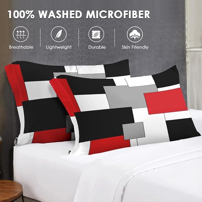 King Size Comforter Set with 2 Pillowcases, Black White Red Geometric Soft 3 Pcs Bedding for Kids and Adults Bedroom Bed Decor