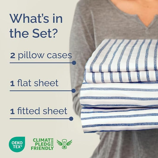 Full XL Bed Sheet - 4 Piece Full XL Bed Sheets Set - Soft, Breathable & Cooling - Hotel Luxury Bedding for Women, Men, Kids, Teens, Boys & Girls - Deep Pockets, Fade and Wrinkle Free - Blue Stripes