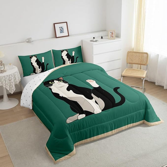 Erosebridal Kitten Quilt Insert Queen Size Cartoon Cat Bedding Set for Kids Boys Girls Retro Kawaii Cute Green Black Comforter Warm Soft Comforter Set