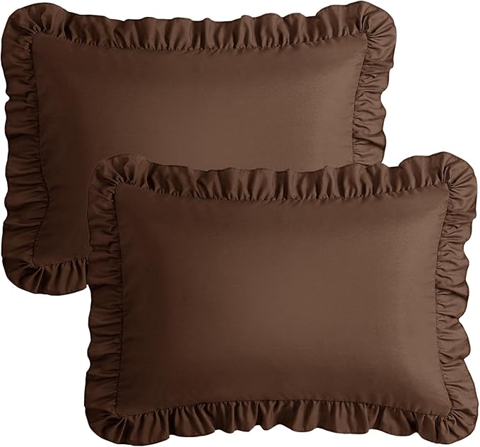 KKJIAF Ruffle Pillow Cases Queen Size Set of 2, Ruffled Pillow Covers with Envelope Closure, Wrinkle Resistant Ruffled Pillow Shams 20" x 30", Brown