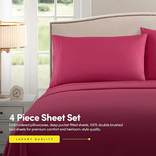 Queen Size Sheet Set with Built-in Sheet Straps - Deep Pocket Fitted Sheet, Flat Sheet & Pillowcases - Soft, Wrinkle-Free, Secure Fit - Fuschia