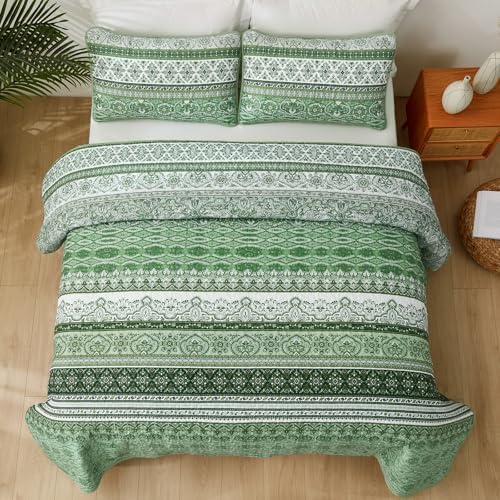 WONGS BEDDING Boho Queen Quilt Bedding Set, 3 Pieces Bedspread, Light Green