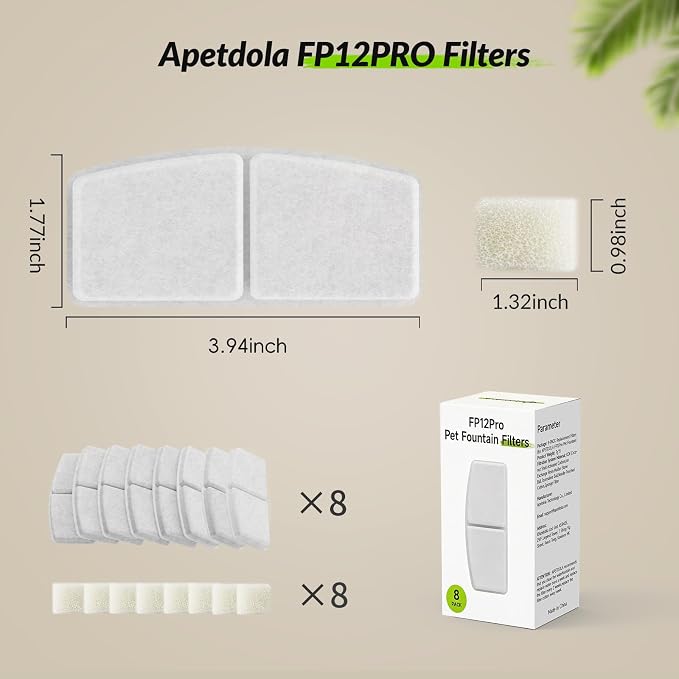 Cat Water Fountain Filter,8 Pack FP12PRO Cat Fountain Filter Replacement, 8 PCS Filters & 8 PCS Sponge Set for Cat Drinking Fountain,5 Layer Filters for Pet Fountain