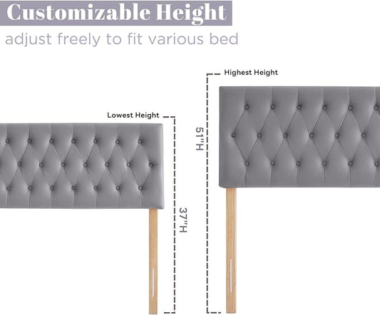 Tufted Upholstered Twin Size Velvet Headboard in Modern Button Design, Adjustable Solid Wood Head Board, Premium Sponge Padded Headboards in Bedroom (Gray)