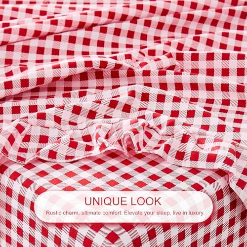 Gingham King Sheet Set, Lightweight Super Soft Brushed Microfiber Plaid Bed Sheets with 16" Deep Pocket, 4 Piece Ruffle Farmhouse Bedroom Decor, Red