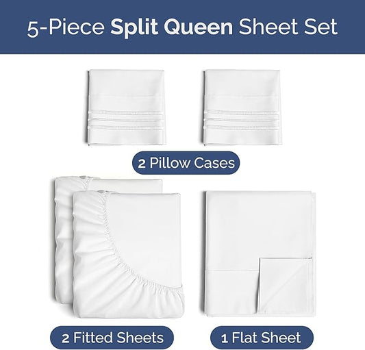 Split Queen Sheets - Easy-Fit, Wrinkle-Resistant, Designed for Split Queen Mattress – Split Queen Sheets Sets Fits 14" to 16" Deep Pockets – Premium Extra Soft, Queen Split Fitted Sheet Set – White