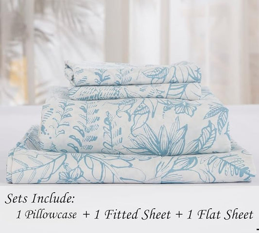 DAUAOTO Twin XL Cotton Sheets Set Printed Bedding Sets, Up to 14" Deep Mattress, Pattern Bedlinen for Twin Extra Long Bed Blue Floral