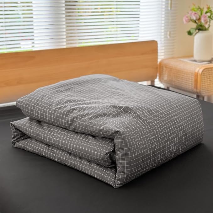 NSNLGSGC Twin Comforter Set, Dark Gray Plaid Bedding Sets, Charcoal Grid Bed Comforter 2 Pieces (1 Comforter, 1 Pillowcase)