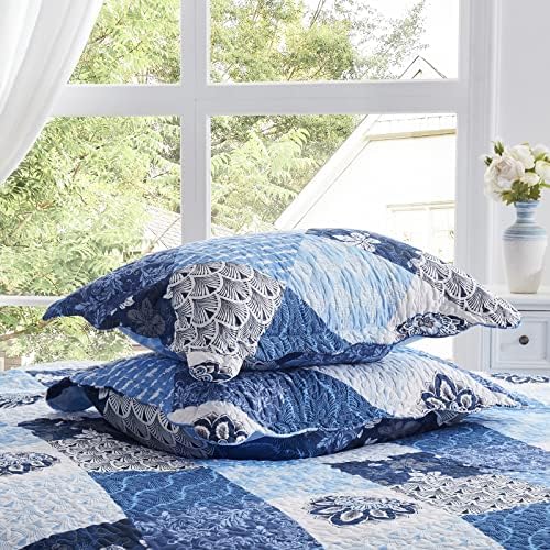 King Size Quilt Set 3 Pieces Lightweight Reversible Bedspread-98''x106'' Soft Patchwork Floral Coverlet Luxurious Warm Microfiber Bed Cover All Seasons Blue Bedding Set(1 Quilt,2 Pillow Shams)
