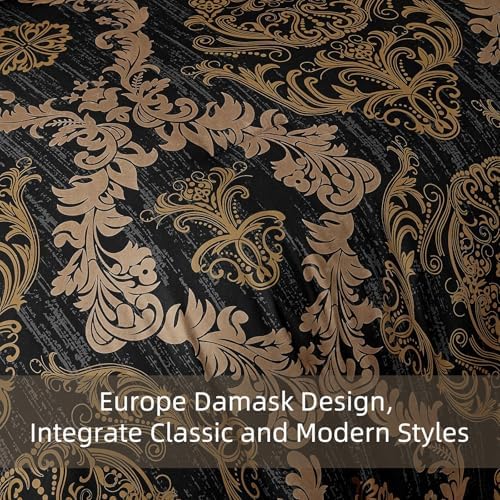 WONGS BEDDING Black Comforter Set California King Size, Gold Damask 7 Pieces Bed in a Bag Microfiber Comforter Bedding Sets -1 Comforter, 1 Flat Sheet, 1 Fitted Sheet, 2 Pillow Shams, 2 Pillowcases