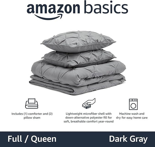 Amazon Basics Soft, Warm Pinch Pleat Design Comforter Set, All-Season Down-Alternative 3-Piece Bedding Set with Piped Edges, Full/Queen Size, Dark Grey