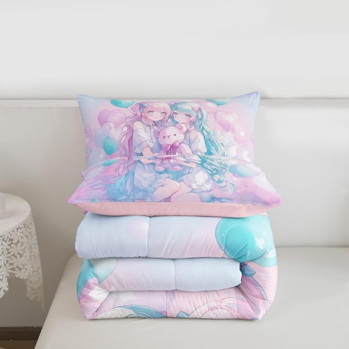 Erosebridal Anime Girl Kids Bedding | Girly Friendship Queen Comforter Sets,Fantasy Dreamy Girls Comforter Romance Ballons Duvet Insert with 2 Pillow Cases