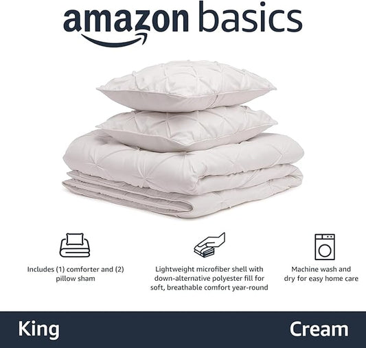 Amazon Basics All-Season Down-Alternative 3-Piece Comforter Bedding Set, Warm Soft Lightweight Microfiber, Pinch Pleat Design with Piped Edges, King, Cream