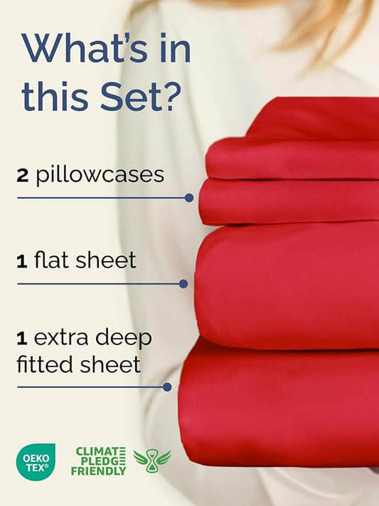 Extra Deep Twin XL Sheet Set - 4 Piece Breathable and Cooling Sheets - Hotel Luxury Bedding for Women, Men, Kids & Teens - Easy & Secure Fit - Soft, Wrinkle Free and Comfy - Extra Deep Pockets - Red