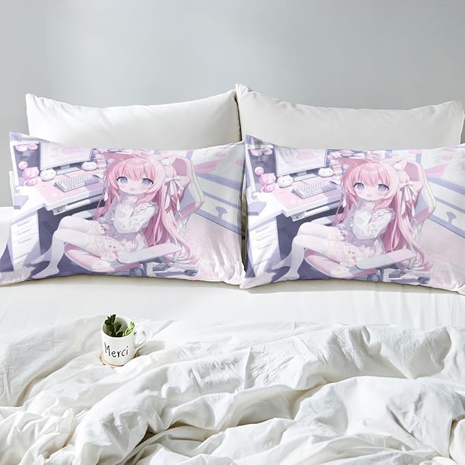 Erosebridal Kawaii E-Sports Girl Fitted Sheet Queen 3D Japanese Girl Bed Sheets for Boys Girls Girly Gaming Bed Set Anime Gifts for Her Sheets with 2 Pillowcases