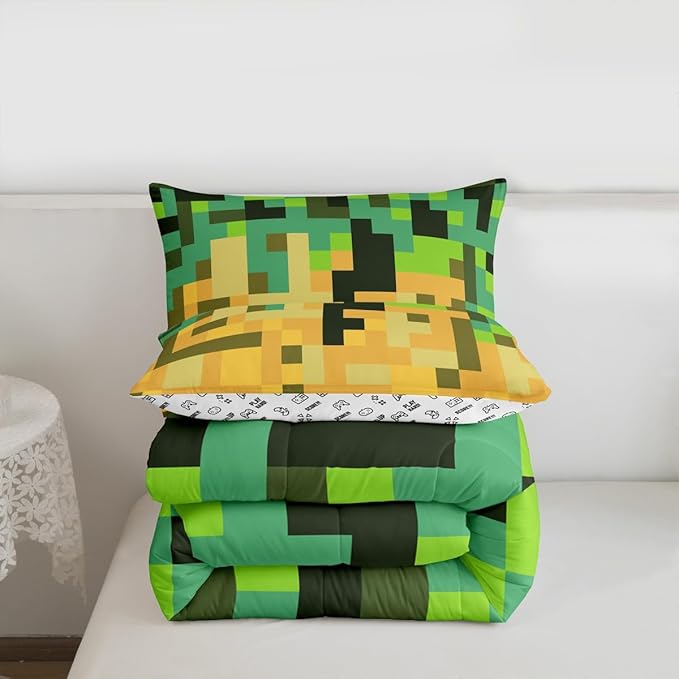Pixelated Miners Game Kids Bedding Set King Size,Geometric Check Video Games Comforter Set,Gamepad Grid Gaming Quilt Comforter,Green Yellow Bedroom Duvet Insert,2 Pillowcases