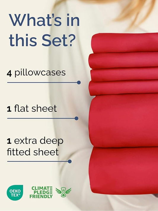 Extra Deep Full Sheet Set - 6 Piece Breathable and Cooling Sheets - Hotel Luxury Bedding for Women, Men, Kids & Teens - Easy & Secure Fit - Soft, Wrinkle Free and Comfy with Extra Deep Pockets - Red