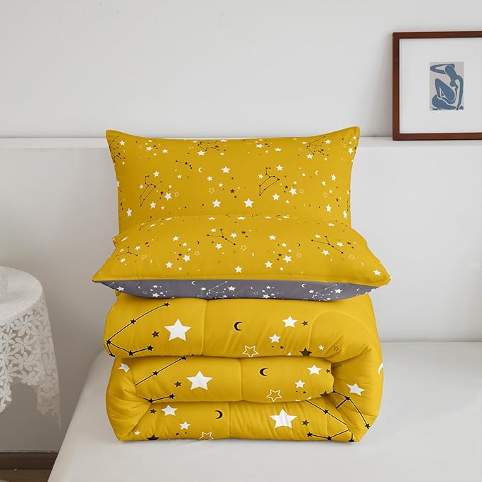 Erosebridal Stars Constellation Kids Bedding Yellow Grey Galaxy Space Twin Comforter Set for Boys Girls Moon Zodiac Print Bed Comforter Set, Cartoon Style Quilt 2 Piece, 1 Comforter 1 Pillowcase