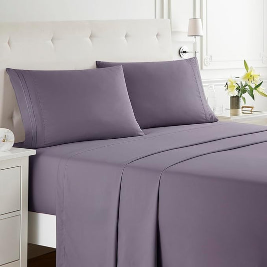 Clara Clark Bed Sheets, Premier 1800 Series Bed Sheet Set, Deep Pocket, Wrinkle, Fade, Stain Resistant, Luxury Soft Bedding Sheets & Pillowcases, Split King, Grayish Purple