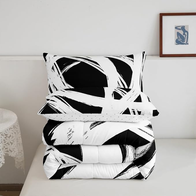 White and Black Striped Bedding Set Full Size for Adults Youth Teens,Contemporary Boho Modern Art Comforter Set,Graffiti Stripes Lines Quilt,Aesthetic Geometric Duvet Insert for Minimalists