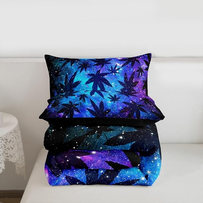 Erosebridal Leaves Comforter Set Teens Galaxy Bedding Set Twin for Women Men Youth Soft Chic Purple Blue Duvet Set Room Decor Quilt Set