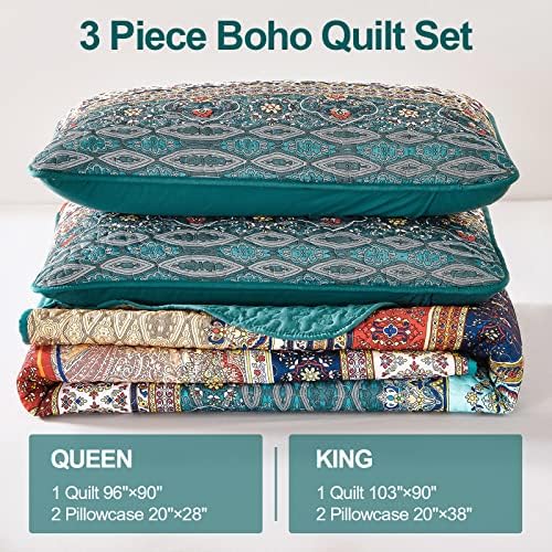WONGS BEDDING Boho Queen Quilt Bedding Set, 3 Pieces Bedspread,Brown Green