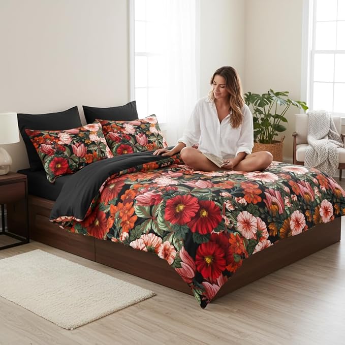 Black Floral Comforter Set Queen Size, Tropical Vintage Botanical Bedding Set for Women - 3 Pieces Soft Fluffy Microfiber Comforter with 2 Pillowcases, 90"x90"