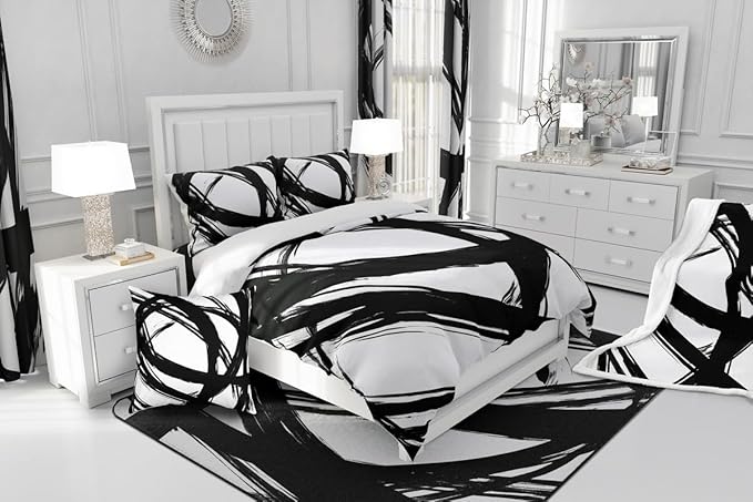 Black and White Abstarct Comforter Set Twin Size for Kids Boys Girs,Graffiti Stripes Lines Bedding Set,Aesthetic Geometric Duvet Insert for Minimalists,Contemporary Boho Modern Art Quilt