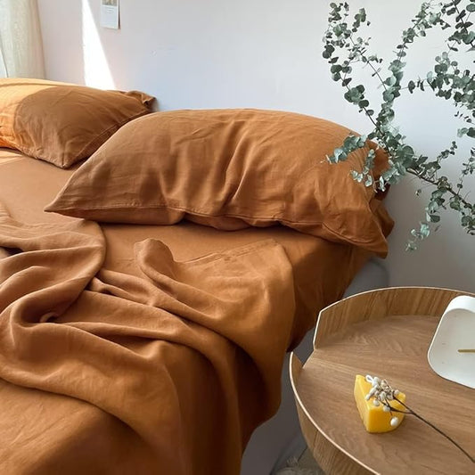 Simple&Opulence 100% Linen Pillowcases Basic Style Solid Color Set of 2, King Size Stone Washed Flax Pillow Cover Envelope Closure (20''x40'', Rust)
