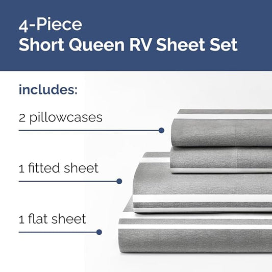 Short Queen Size 4 Piece Sheet Set - RV Short Queen, Soft, Breathable & Cooling Bed Sheets Set w/ Deep Pockets - Hotel Luxury Bedding for Women, Men, Kids, Teens, Boys & Girls, Oeko-Tex - Grey Stripes