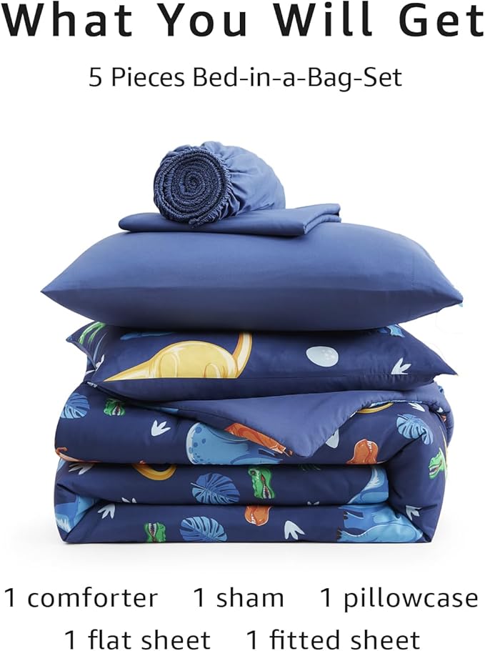 Twin Comforter Set for Boys-5 Pieces Navy Dinosaur Twin Bedding Sets for Kids, Ultra Soft Bed in A Bag with Sheets
