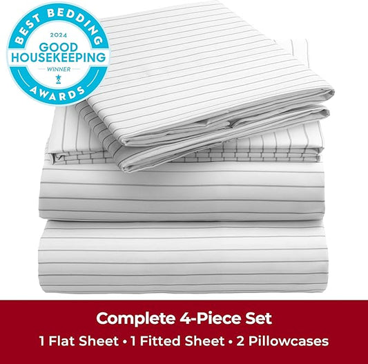 Mellanni California King Sheets Set - 4 PC Iconic Collection Bedding - Hotel Luxury, Extra Soft, Cooling Bed Sheets - Wrinkle, Fade, Stain Resistant (Cal King, Pinstripe Gray)