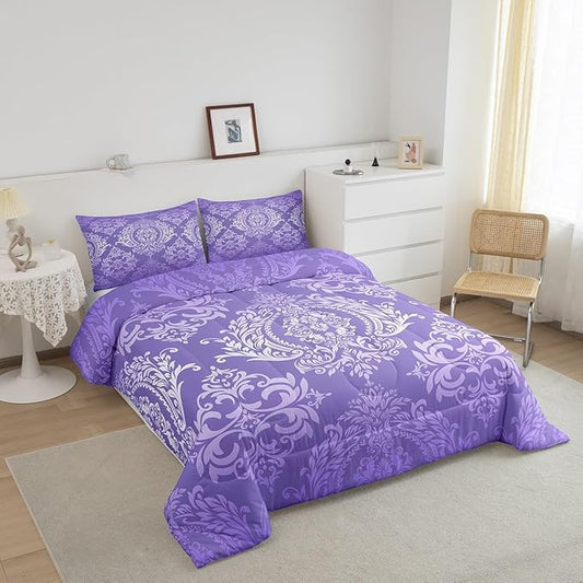 Feelyou Adults Purple Vintage Damask Floral Comforter Set Oriental Antique Comforter King Size Gothic Bohemia Boho Flower Bedding Set Bohemian Exotic Duvet Set Quilt Set 3Pcs