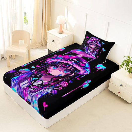 Erosebridal Mushroom Girl Fitted Sheet Twin 3D Japanese Girly Bed Sheets for Boys Girls Watercolor Graffiti Bed Set Cute Anime Gifts Sheets with 1 Pillowcase