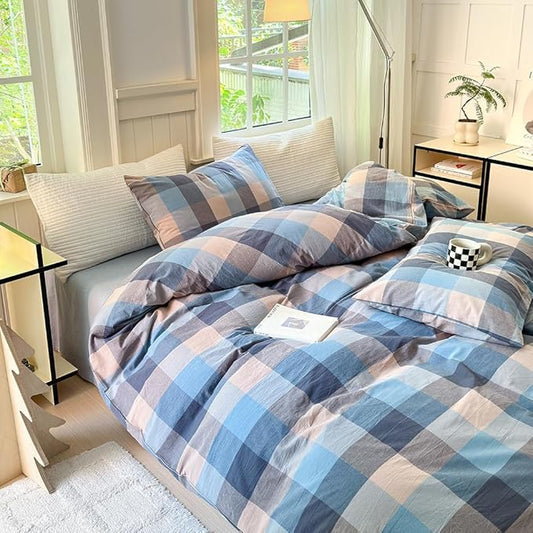 FACE TWO FACE Bedding Duvet Cover Set100% Washed Cotton Duvet Cover Linen Like Textured Breathable Durable Soft Comfy (King, Cardamom Blue Grid)