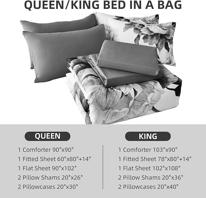 Dobuyly Grey Comforter Set King 7 Piece Bed in a Bag, Gray Floral Printed on White Comforter Set with Sheets, Soft Microfiber Botanical Farmhouse Bedding Set for All Season